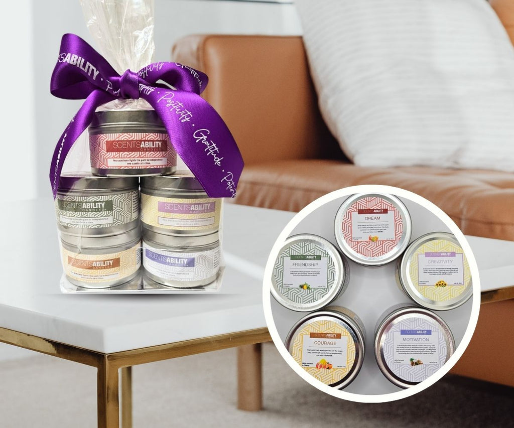 Set of small containers with labels on a table, accompanied by a purple ribbon.